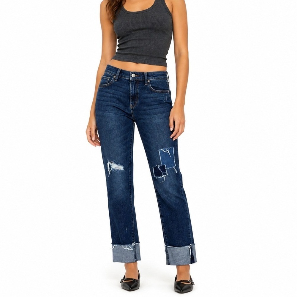 LOFT Modern Straight Patchwork Distressed Denim Jeans Blue Boho Size 27 4